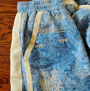 Johnny Was Silk Baby Blue And Cream Embroidered Track Pants